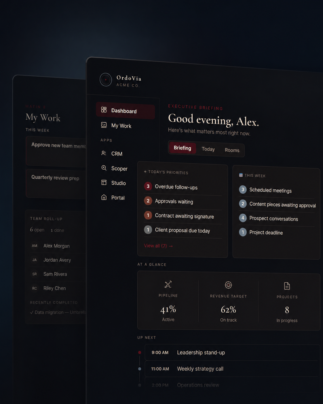 OrdoVia example workspace — executive briefing with priorities, schedule, and department snapshots